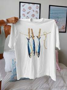 Retro-T-Shirt mit Sardinenmuster für Damen – halbtransparent, kleiner Rundhalsausschnitt, Kurzarmtop, geeignet für Frühling, Sommer, Strand, Reisen und Urlaub. - Weiss - Übersicht 1