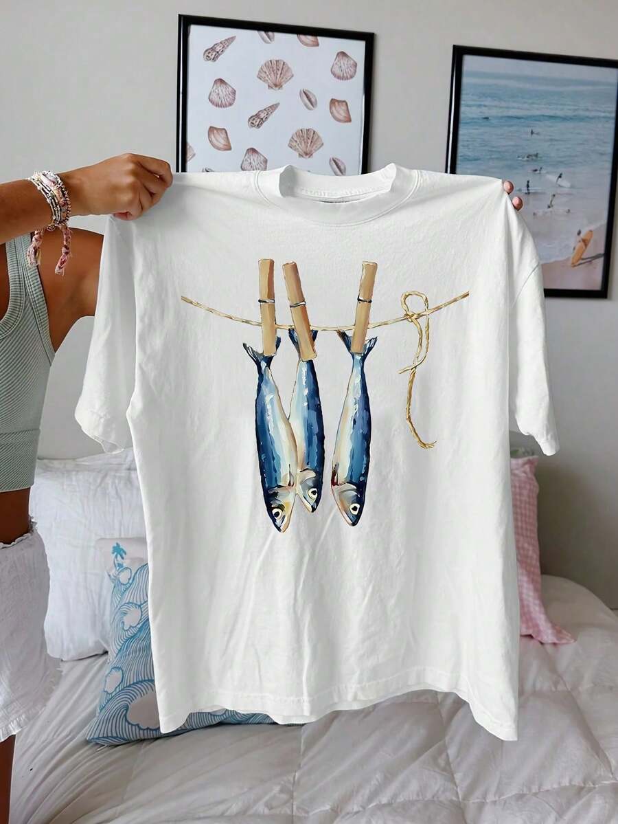 Retro-T-Shirt mit Sardinenmuster für Damen – halbtransparent, kleiner Rundhalsausschnitt, Kurzarmtop, geeignet für Frühling, Sommer, Strand, Reisen und Urlaub. - Weiss - Übersicht 1