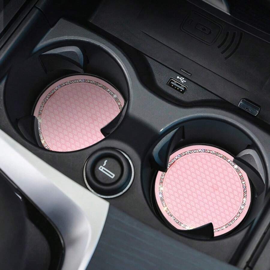 2pcs Car Accessories Silicone Rhinestone Round Fashion Cup Coasters, Car Cup Holder Insert Silicone Non-Slip Beverage Cup Coasters, Universal Vehicle Interior Accessories, Bling Crystal Rhinestone Car Silicone Interior Accessories - 2pc Multi-color Silver Chain Coasters - View 1