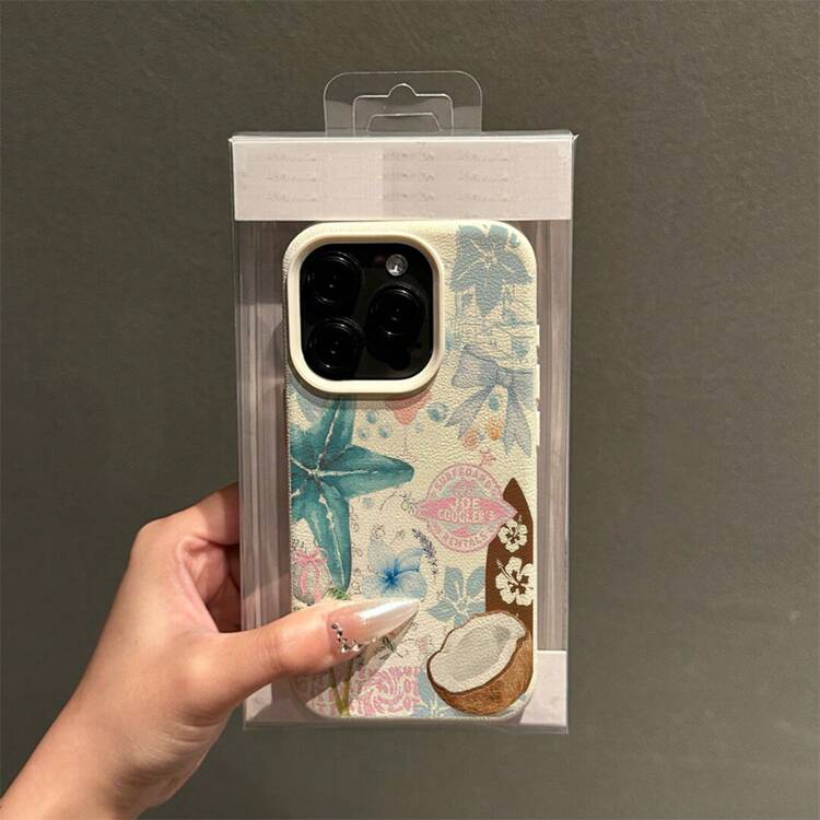 Phone Case - Coconut Palm Starfish Bow Flower Lychee Pattern Soft Case Compatible with iPhone 11, 12, 13, 14, 15, 16, 17, PRO, PRO MAX, PLUS, AIR, 16E, 17AIR, X, XS, XR, XS MAX - Blanco antiguo - Añade 3