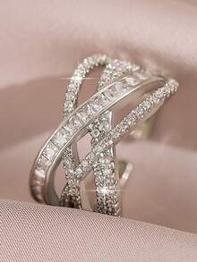 1pc Luxury Multi-Layer Intertwined Round & Baguette Cut Cubic Zirconia Open Ring, Sparkling Women Jewelry For Wedding Anniversary Daily Party Gift - White - View 2