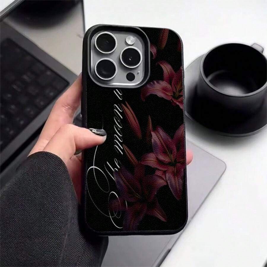 1 pieza Funda de teléfono de material TPU con patrón de gato, lirio y cita de amor compatible con iPhone 17 Pro Max/17/16 Pro Max/15/13/12/11/ S20 FE/A15/S24/A55/ Note 11/Note 12/Note 13 Pro con cobertura completa, anti-caída, carcasa blanda protectora - Negro - Ver 1