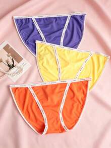 3pcs/Pack Women's Letter Print Contrast Trim Low Waist Bikini Panties, Solid Color Smooth Ice Silk Breathable Casual Underwear, Multi-Color Pack - Multicolor - View 3