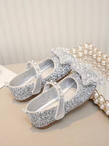 Girls' Pearl & Rhinestone Princess Shoes, Bow Decor Soft Sole Shoes, Spring Summer Autumn Casual Versatile Outfit - Silver - View 5