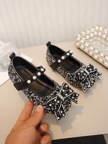 Girls' Pearl & Rhinestone Princess Shoes, Bow Decor Soft Sole Shoes, Casual Versatile For Spring, Summer, Autumn - Black - View 1