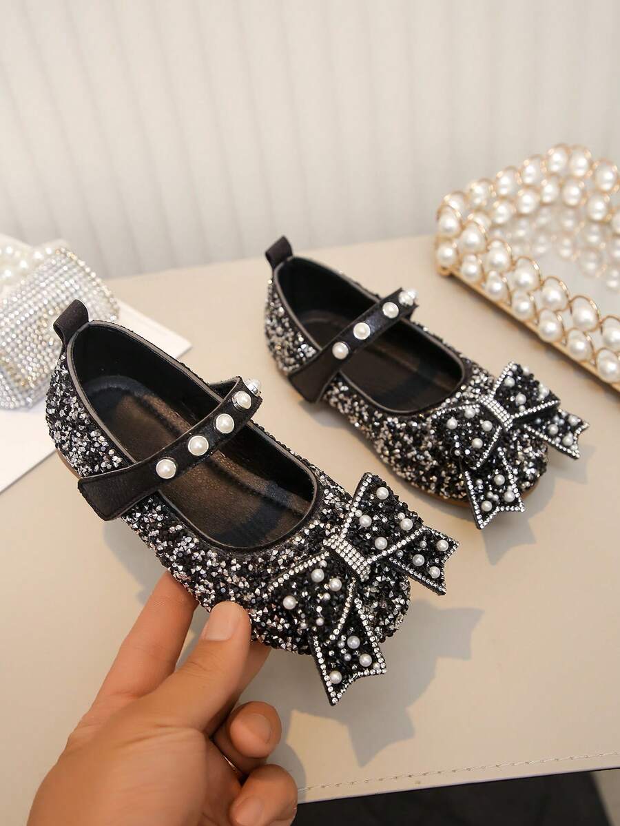 Girls' Pearl & Rhinestone Princess Shoes, Bow Decor Soft Sole Shoes, Casual Versatile For Spring, Summer, Autumn - Black - View 1
