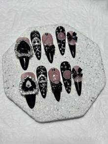 10pcs/Set Cute Kawaii Long Handmade Nail Stickers Y2K Style Popular Girls Fake Nails Bow Bear Heart Diamond Luxury Style Fake Nails (Includes 1pc Jelly Sticker + 1pc Nail File) Handmade Press On Nails - 彩色 - 查看 11