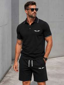 Men's Summer Thin Fashion Casual Polo Shirt And Shorts Set, Paris Letter Print, Drawstring Waist Practical Pocket Pants, Fashion Casual Beach Seaside Vacation Outing, Suitable For Golf, Gym, Basketball, Camping, Gift For Husband Or Boyfriend Summer - Black - View 1
