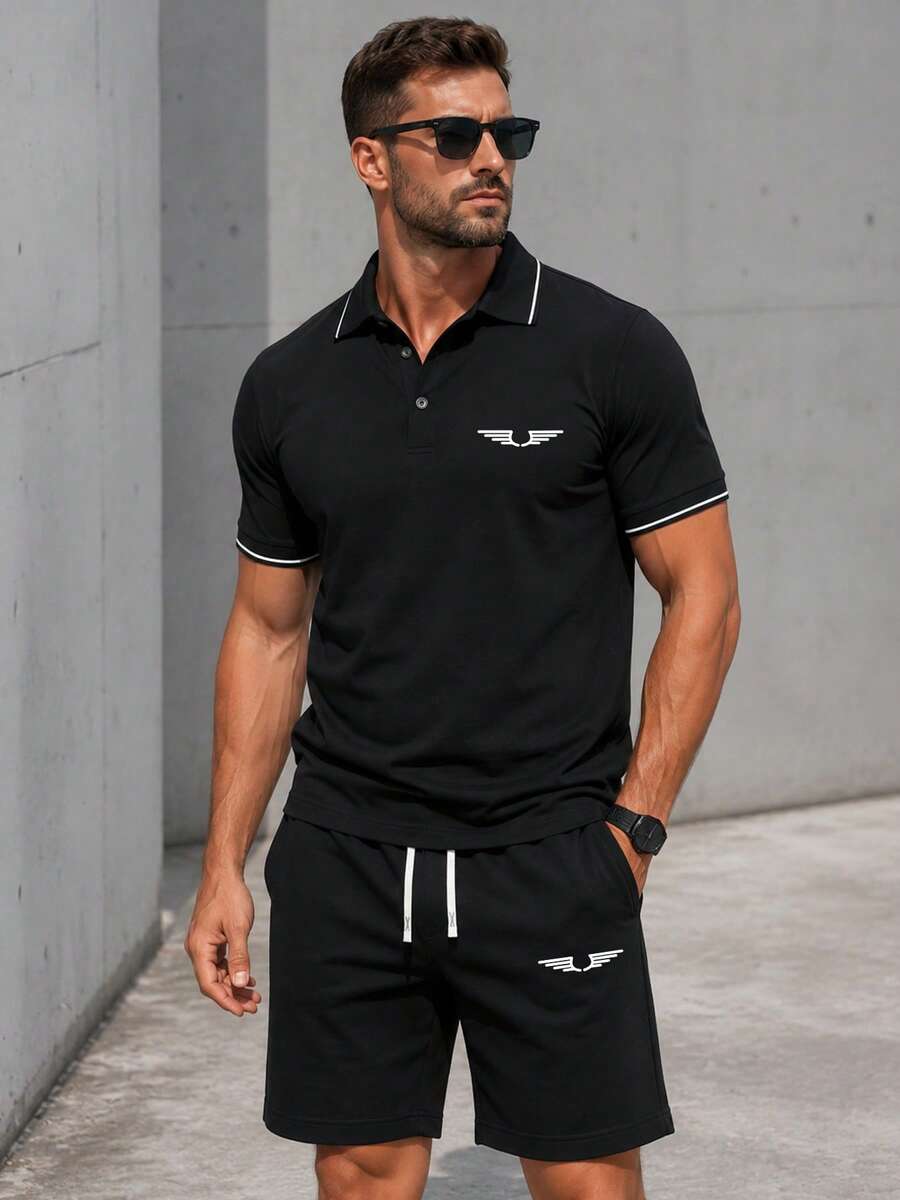 Men's Summer Thin Fashion Casual Polo Shirt And Shorts Set, Paris Letter Print, Drawstring Waist Practical Pocket Pants, Fashion Casual Beach Seaside Vacation Outing, Suitable For Golf, Gym, Basketball, Camping, Gift For Husband Or Boyfriend Summer - Black - View 1