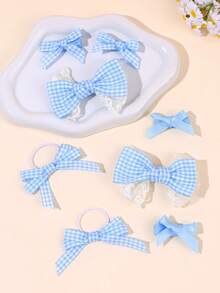 8pcs Blue Plaid Women's Bow Hair Clips, Solid Color Bow Hair Clips, Plaid Headbands, Cute Picnic Daily Matching Hair Accessories For Women - Blue - View 2