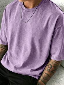 Vintage Washed Pure Cotton Men Crew Neck T Shirt Oversized Comfortable Daily Street Vacation All-Match Casual Basic Tee - 淡紫色 - 查看 2