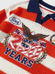 2026 New Men's Spring/Autumn/Winter American Independence Day 250th Anniversary Embroidered Pattern Knitted POLO Pullover Sweater, Casual Loose Vintage Street Style Colorblock Striped Top Suitable For Early Spring/Autumn Daily And Holiday Outdoor Wear - Red and White - View 7