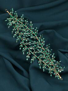European & American Fashion Green Long Leaf Rhinestone Headband, Handmade Colorful Crystal Bridal Side Hair Accessory, Wedding Gown Evening Dress Styling Rhinestone Headpiece - Green - View 6