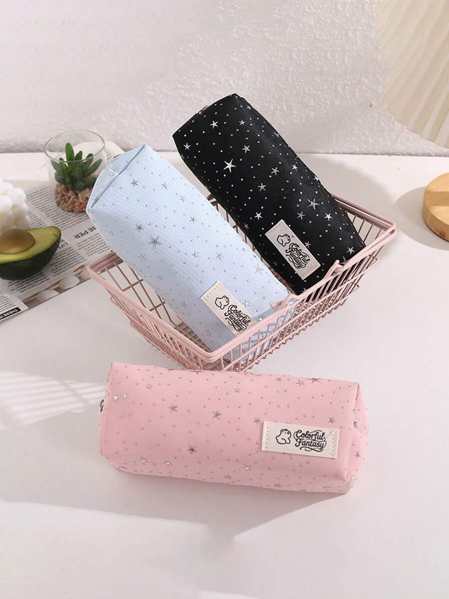 Polka Dot Cute Star Canvas Pencil Case, Simple Fresh Stationery Bag, Zipper Large Capacity Storage Bag, Pencil Box, Perfect For Back To School Stationery Supplies Organization And Storage - Single Piece - View 1