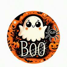 2D Flat Ghost Print Round Wooden Decorative Hanging Sign, Waterproof Durable Halloween Party Scene Decoration, Suitable For Wreath, Wall, Garden, Store, Multi-Holiday Decor - Orange - View 8