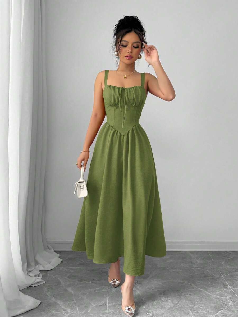 Women's Plain Red Maxi Dress For Summer 2025, Perfect For Valentine's Day Or Holidays, Featuring Ruffles At The Front, A Bow, An Asymmetrical Neckline, And A Slimmed Waist - 綠色 - 查看 1