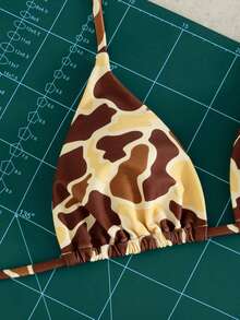 Women Brown Cow Print Bikini Set Triangle Halter Sliding Cup Adjustable Tie Top Side Tie Bottom Low Rise High Cut Minimal Coverage Sexy Summer Yellow - Yellow - View 4