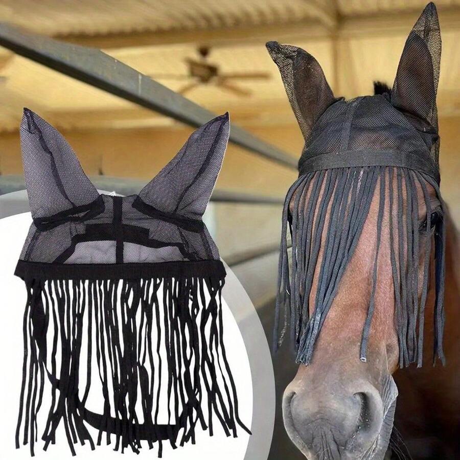 Máscara de protección completa para moscas de caballo con borlas ajustables, máscara facial transpirable de protección contra moscas para rancho y equitación, máscara de insectos para caballos - Multicolor - Ver 1