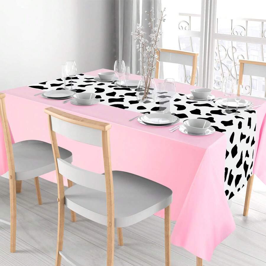 Disposable Plastic Tablecloth With Cow Print, 53.94 X 107.87 Inches, Rectangular Pink Elegant Party Tablecloth, Cowgirl Birthday Theme Decor, Machine Woven - Black And White Design - View 1
