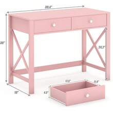 WiberWi - Escritorio, mesa de estudio para oficina en casa con cajones, mesa para escribir en computadora, pequeña para usar como tocador, maquillarse para recámara, niñas, color rosa - Rosado - Ver 3