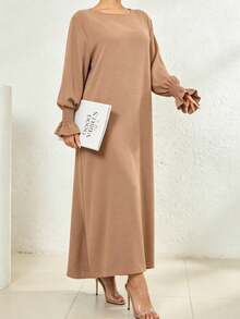 Arabian Style Women's Long Robe Dress, Solid Color Long Sleeve Plus Size Robe, Elastic Cuffs, Conservative Casual Loose Kaftan, Islamic Muslim Dubai Abaya - Multicolor - View 6