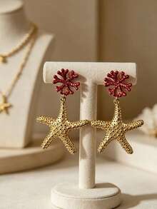1 Pair Fashion Zinc Alloy Material, French Red Coral Starfish Earrings, Beach Vacation Style Earrings, Light Luxury Niche Atmosphere Earrings - Coral Starfish - View 5