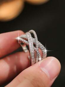 1pc Luxury Multi-Layer Intertwined Round & Baguette Cut Cubic Zirconia Open Ring, Sparkling Women Jewelry For Wedding Anniversary Daily Party Gift - White - View 9