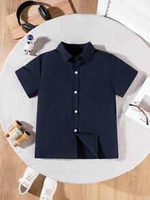 Boys' Classic Casual Preppy Navy Blue Short Sleeve Shirt For Formal Events, School Gatherings And Performances - Navy Blue - View 2