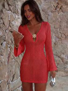 Women's Summer Knit Mini Skirt, Short Skirt With Tie Waist, Deep V-Neck And Floral Decoration, Sexy Bohemian Dress For Vacation And Beach - 薑色 - 查看 1
