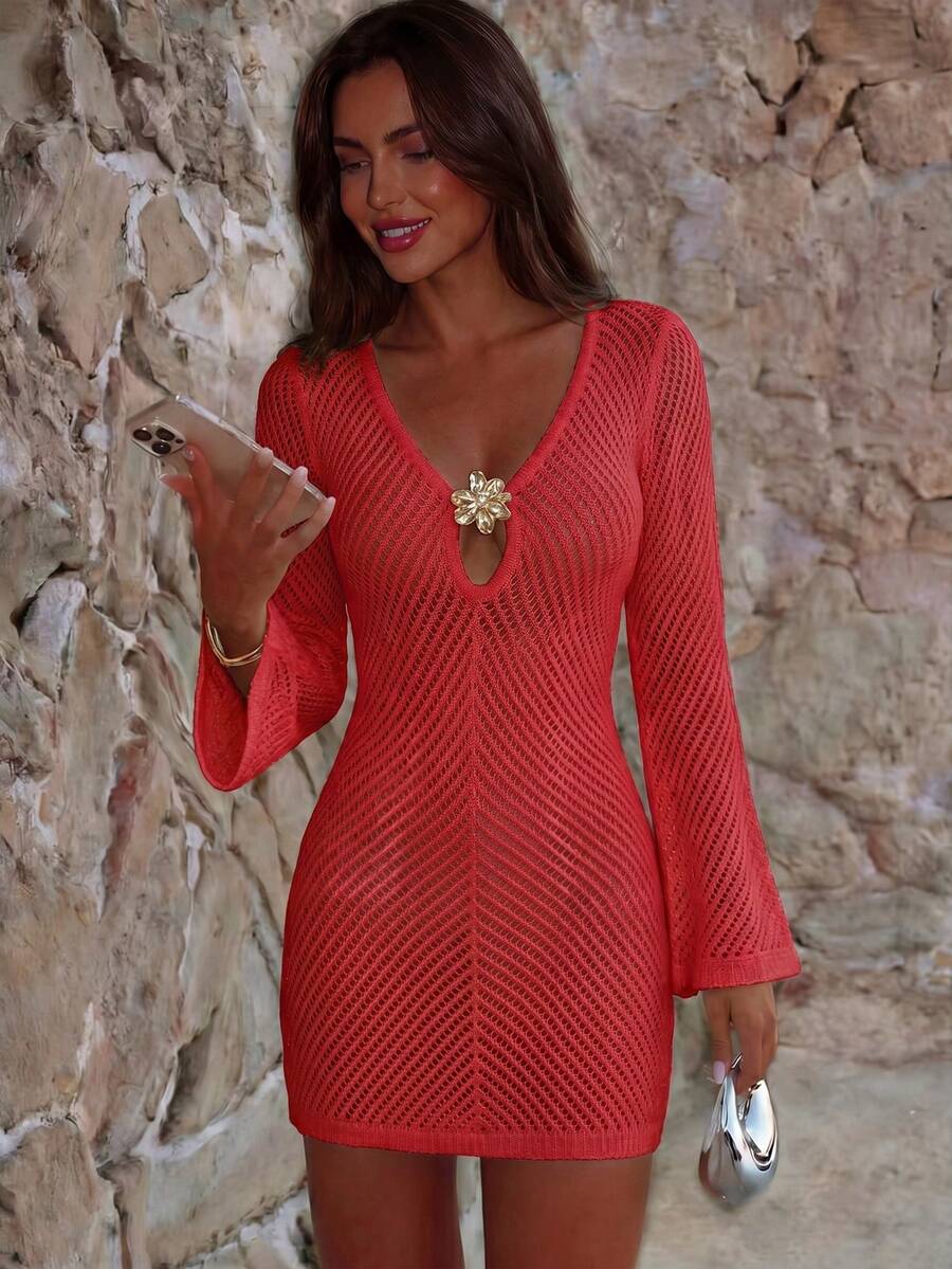 Women's Summer Knit Mini Skirt, Short Skirt With Tie Waist, Deep V-Neck And Floral Decoration, Sexy Bohemian Dress For Vacation And Beach - 薑色 - 查看 1