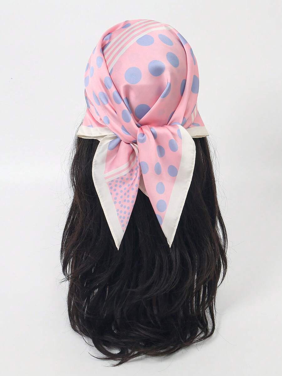1pc New Women's Versatile Faux Silk Polka Dot Pattern Square Bandana Headscarf - Multicolor - View 1