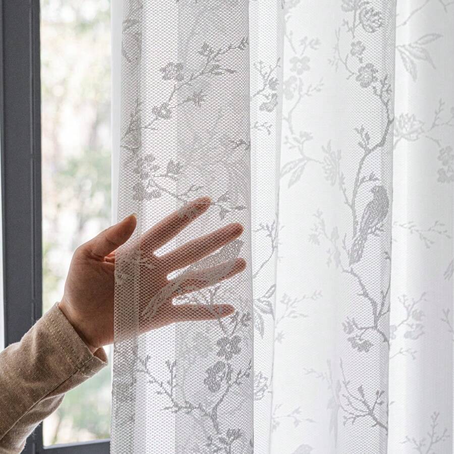 NOSBEI 1pc Floral & Bird Jacquard Curtain, Light-Filtering Textured Fabric, Fresh & Romantic Botanical Style Home Decor Curtain, Suitable For Bedroom, Living Room, Balcony - Flower Pattern 3 - View 1