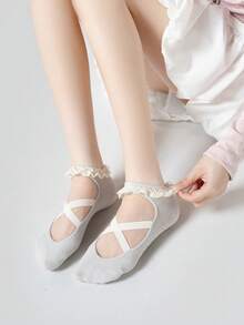 1/5 Paar professionelle Pilates-Yoga-Socken für Frauen, neue Ballettsocken mit Spitze für Frühling/Sommer, kurze Röhrensocken mit Kreuzriemen und offenem Rücken, rutschfeste Tanz-Pilates-Sport-Socken für Innenböden - Verschiedenfarbig - Übersicht 5