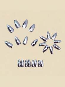 24pcs European & American Hot Girl Club Style Rhinestone Holographic Silver Press-On Nails, Almond Shape, Easy To Apply, Long Lasting, Harmless To Natural Nails, Reusable False Nails - Multicolor - View 2