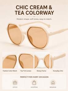 Lunettes de mode géométriques crème pour femmes – Verres teintés thé surdimensionnés, lunettes de mode légères de style rétro pour un port quotidien - A - Voir 2