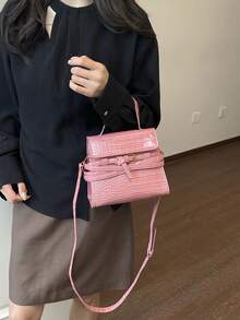 女款方形手提包，時尚極簡復古優雅 PU 鱷魚壓紋布料，斜跨包，適合女性、女孩、大學生，購物、通勤，粉紅色 - 粉色 - 查看 5