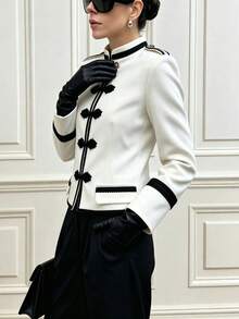 女款對比色編織帶拼接手工青蛙鈕扣內裡休閒百搭日常通勤長袖夾克 白色 - 白色 - 查看 8