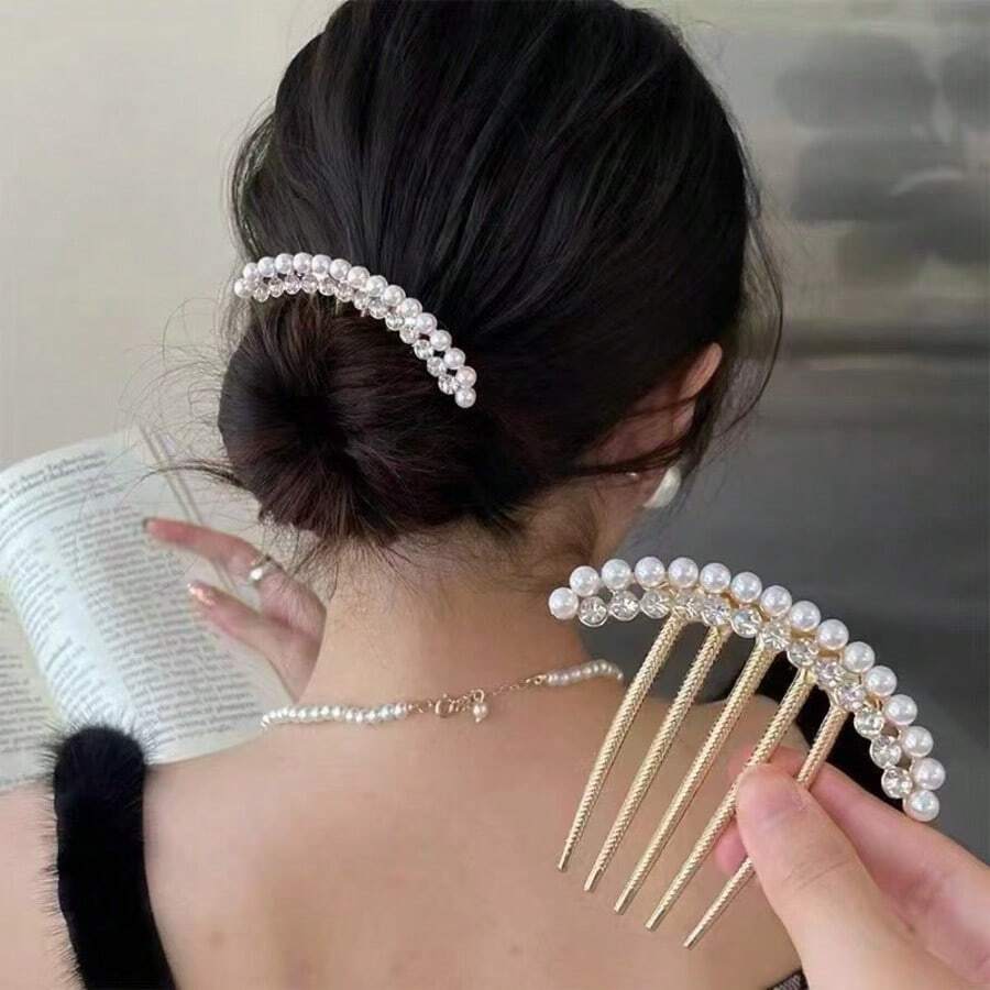 1件合金仿珍珠髮夾梳,女士水鑽側梳,優雅髮飾,適合日常配戴與婚禮 - 1個 - 查看 1