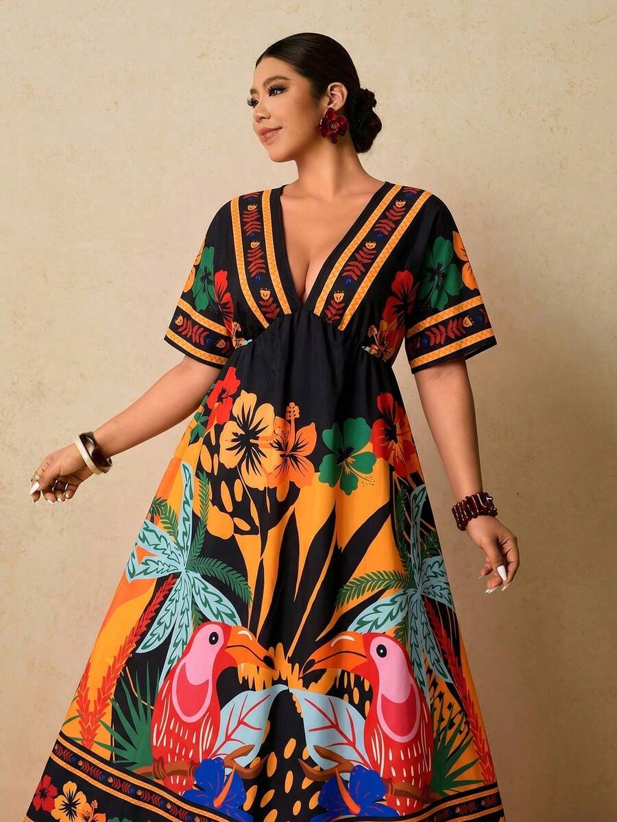 ado floral para mujer de talla grande.Vestidos de verano para mujer, vestidos envolventes, vestidos de resort, vestidos de verano para mujer de talla grande, vestidos de primavera para mujer - Negro 3 - Ver 1