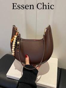1 pieza Bolso de hombro en forma de media luna de color café con piel de PU, bolso debajo del brazo de mujer de unicolor simple de moda, para otoño/invierno - Café integral 4 - Ver 3