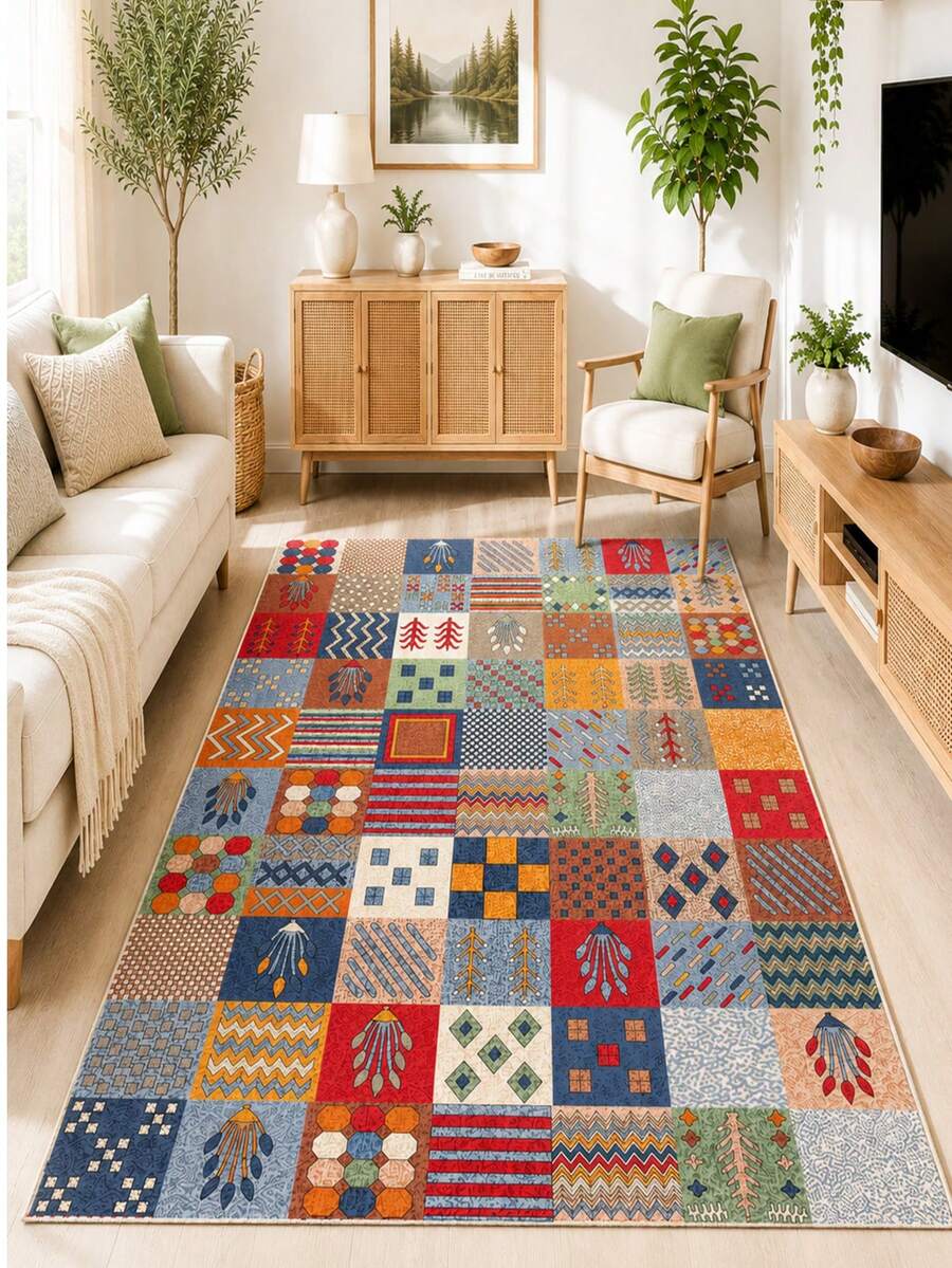 Chilai Home Geometric Striped Abstract Area Rug - Colorful Maximalist Digital Print Floor Mat For Living Room & Bedroom, Made In Turkiye - Multicolor - View 1
