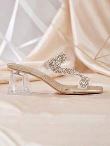 High Heel Mule Sandals [S-Wave Rhinestone Banquet Shoes] Clear PVC Straps Crystal Block Heel Summer Dressy Casual - Champagne - View 3