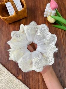 1件春夏女款溫柔優雅蕾絲刺繡花朵大腸圈髮圈，馬尾盤髮髮帶，適合搭配洋裝，日常外出髮型裝飾配件，波希米亞優雅風 - 彩色 - 查看 10
