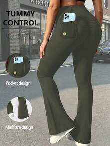 Women's Outdoor Pocketed Bootcut Leggings: Slim-Fit Athletic Yoga Pants & Versatile Solid-Color Slim Cargo Pants (Featuring Butt-Lifting Design) - 橄欖綠 - 查看 1