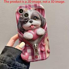 1 pieza Funda de teléfono con protección de pantalla de diseño de cachorro con cremallera, patrón de cuadros 2D lindo y borde ondulado, compatible con Apple 7/8/X/XR/XSMAX/11/12/13/14/15/16/17Promax, compatible con Samsung A14/A15/A16/A17/A04/A05/A06/A07/A54/A55/A56/A57/A34/A35A/36/A37/S26/S26Plus/S26Ultra, compatible con Transsion SMART7/8/9/10 - Blanco - Ver 2