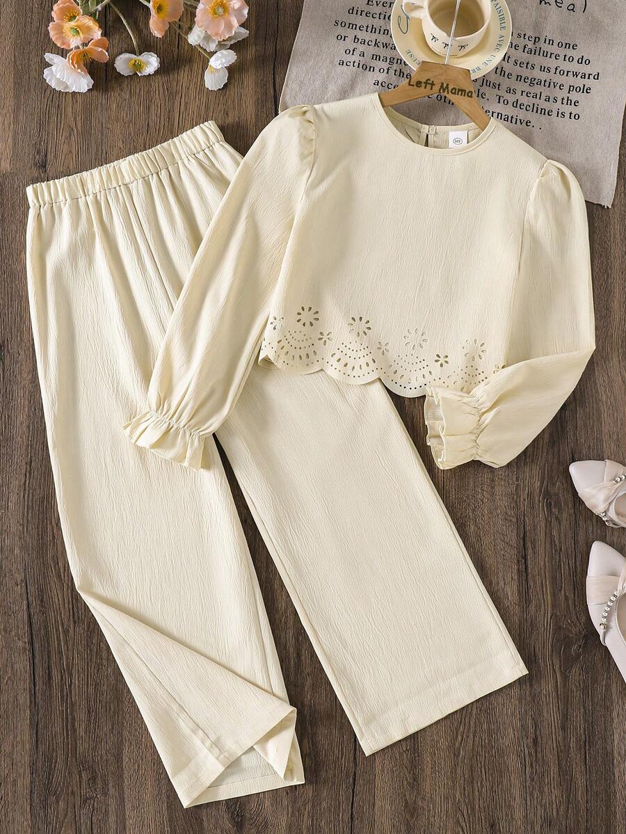 Left Mama Girls' Simple Casual Hollow Pattern Long Sleeve Top & Straight Leg Pants Set, Spring/Autumn - Apricot - View 1