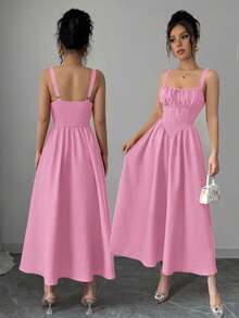 Women's Plain Red Maxi Dress For Summer 2025, Perfect For Valentine's Day Or Holidays, Featuring Ruffles At The Front, A Bow, An Asymmetrical Neckline, And A Slimmed Waist - 羅莎 - 查看 1