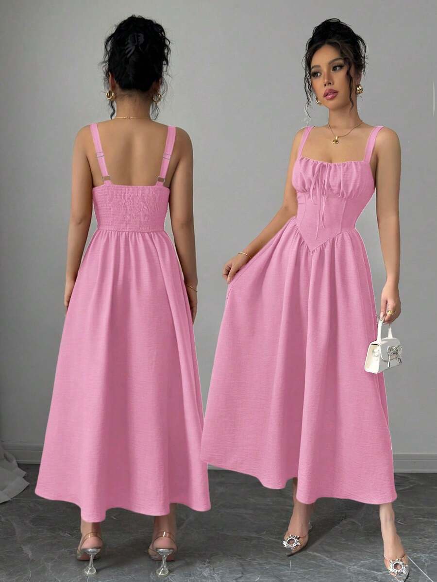 Women's Plain Red Maxi Dress For Summer 2025, Perfect For Valentine's Day Or Holidays, Featuring Ruffles At The Front, A Bow, An Asymmetrical Neckline, And A Slimmed Waist - 羅莎 - 查看 1