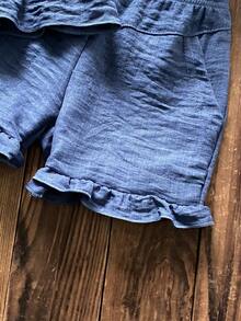 Conjunto de verano de efecto denim para bebé, con mangas acampanadas y diseño de volantes en el bajo, transpirable y versátil - azul real - Ver 7
