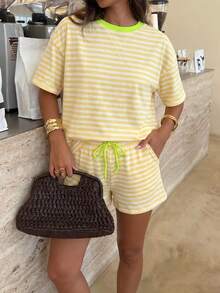 Vellofy Women's Casual Striped Two Pieces Set With Round Neck Short Sleeve Top And Shorts Summer - Yellow - View 1
